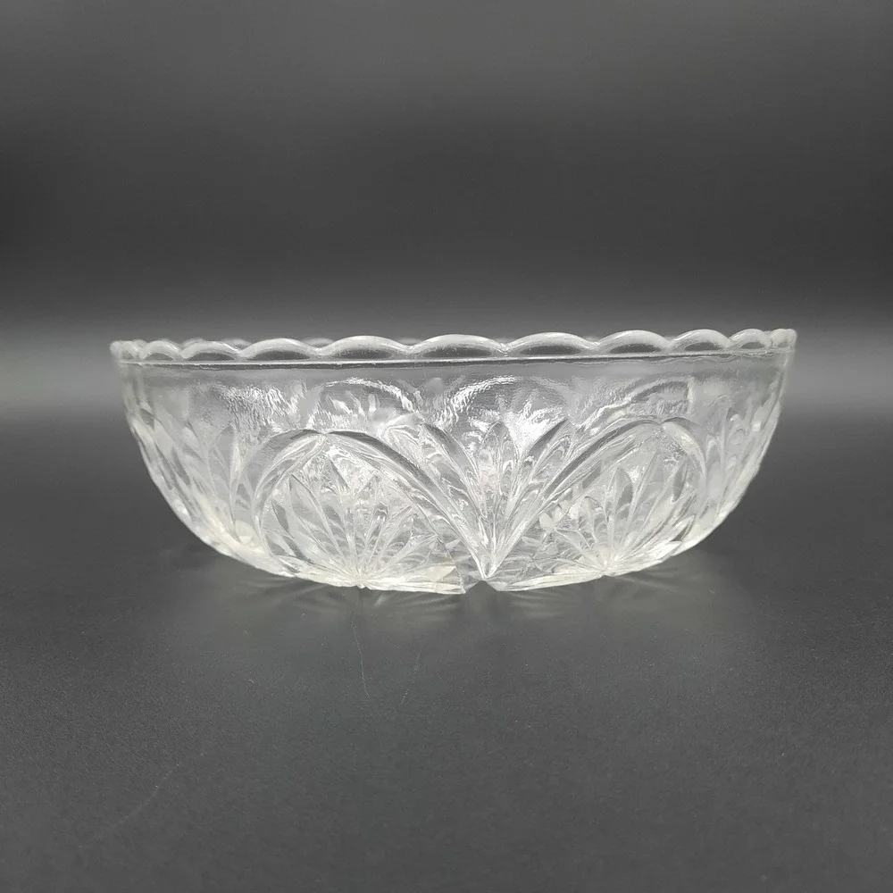 Two Vintage Pressed Glass Bowls‎ with Scalloped Edge & Starburst Arches Pattern